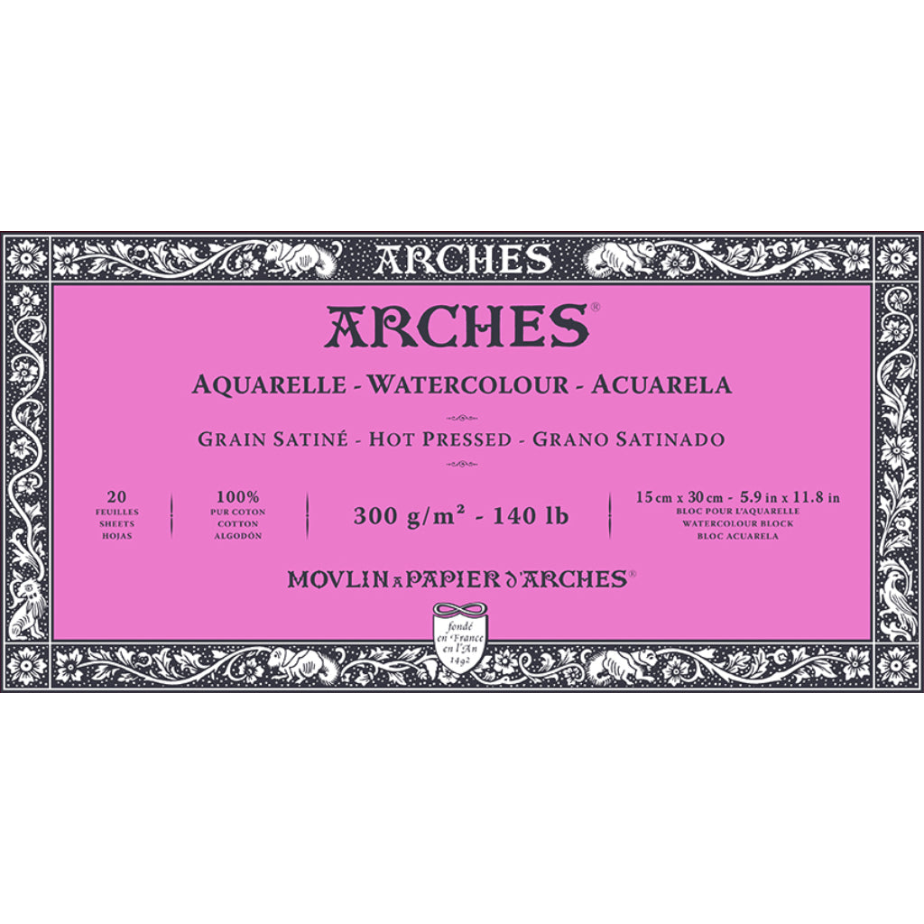 Arches Watercolour 300 Gsm Hot Pressed Natural White 15 X 30 cm Paper Blocks- 20 Sheets