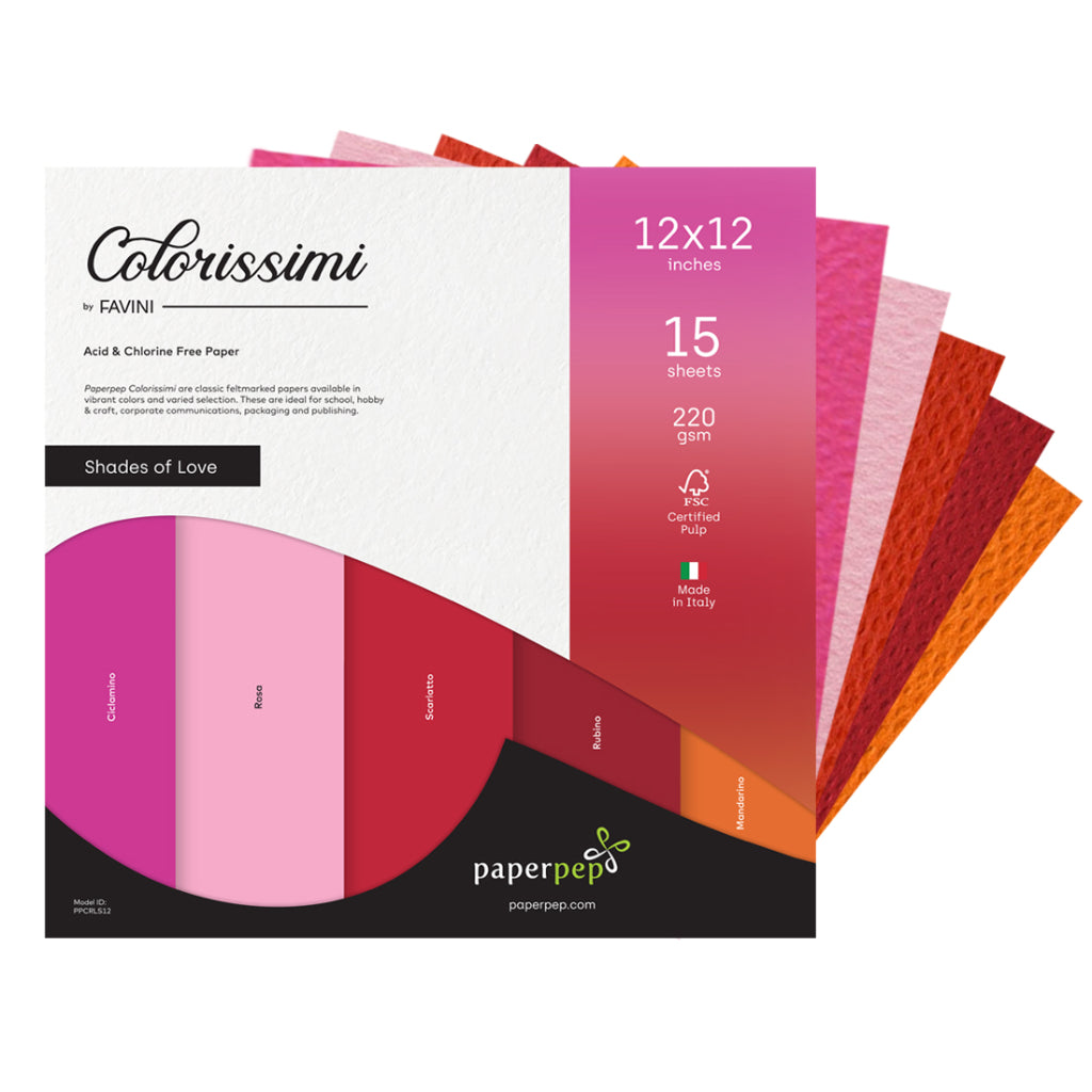 Paper Pep Colorissimi Card Stock 220GSM 12"X12" Shades of Love Assorted Pack of 15 Sheets