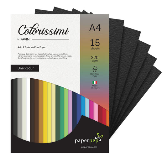 Paper Pep Colorissimi Card Stock 220Gsm A4 Nero (Black) Unicolor Of 15 Sheets