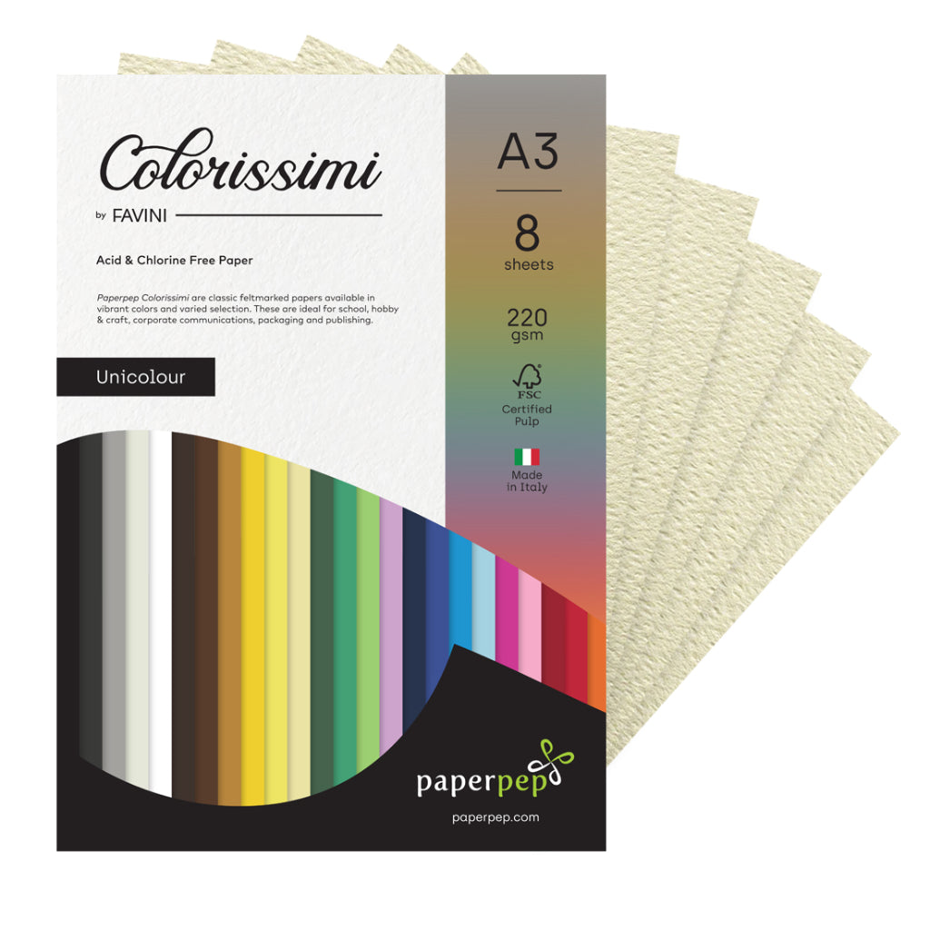 Paper Pep Colorissimi Card Stock 220GSM A3 Avorio (Cream) Unicolor of 8 Sheets