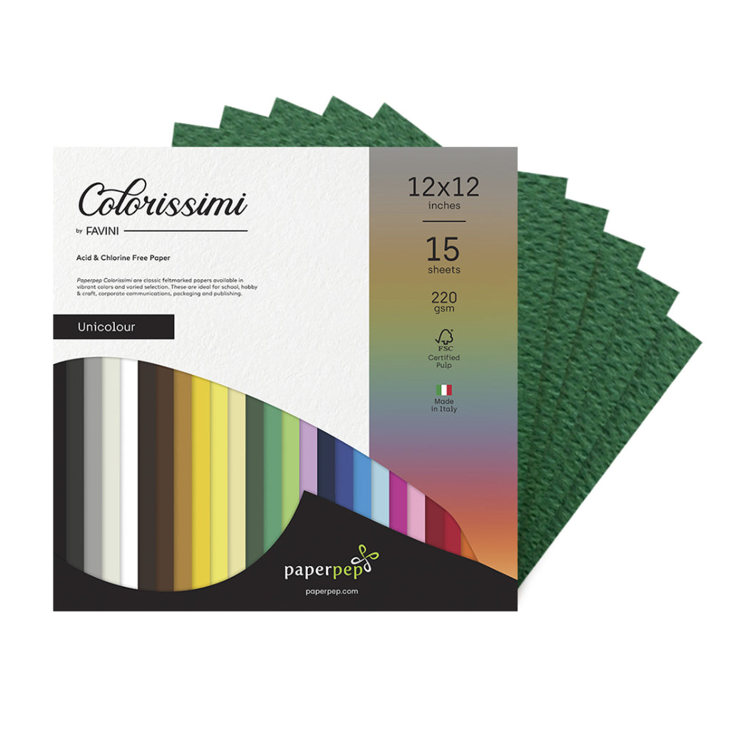 Paper Pep Colorissimi Card Stock 220Gsm 12"X12" Pino (Dark Green) Unicolor Of 15 Sheets
