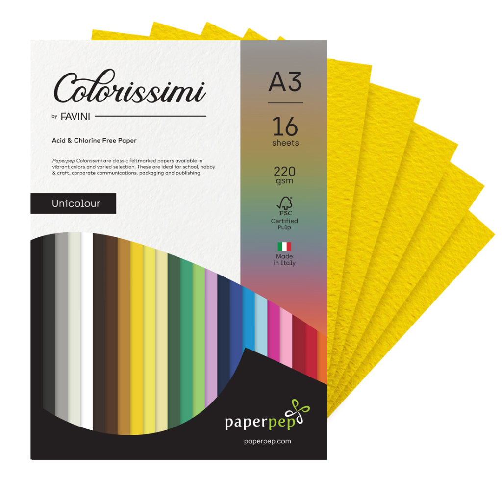 Paper Pep Colorissimi Card Stock 220GSM A3 Cedro (Yellow) Unicolor Pack of 16 Sheets