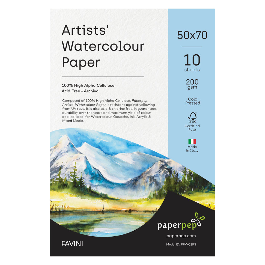 Paper Pep Artists' Watercolour Paper 200GSM Cold Pressed 50X70CM Pack of 10